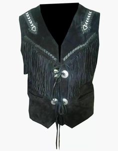 Men American Western Style Suede Leather Vest With Fringe Beaded Black Waistcoat Details:     *         100 % genuine top quality suede leather *          Black color  *         2 out side pockets & 1 front side pocket. *         Regular sizes from XXS - 5XL (see chart size) *         Closure: Laces Tie *         Lining Material : Polyester *         Front and back fringe work *         Handmade stitch work and bead work                                                     Buy with confidence Q: Cowboy Vest, Cowboy Jacket, Western Vest, Black Waistcoat, American Western, Suede Vest, Aztec Design, Mens Vests, Black Vest