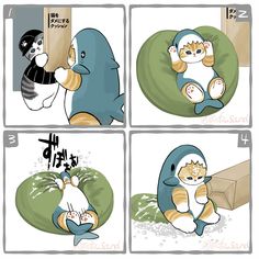 four panel comics with cats and fish in different stages of being hugged by each other