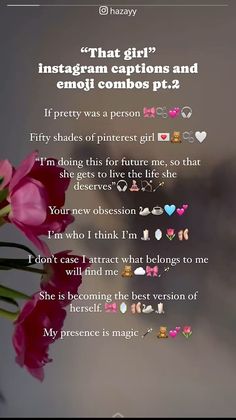 a vase filled with pink tulips next to an instagram captions and emoj combos