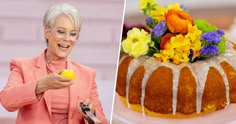 an older woman holding a lemon next to a bundt cake with flowers on top