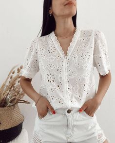 SPU: YSHJL240141 Style: Casual Pattern Type: Plain Season: Summer Neckline: V Neck Length: Regular Sleeve Length: Short Sleeve Material: Polyester Size Chart： Length Bust Shoulder Sleeve CM inch CM inch CM inch CM inch S 57 22.4 96 37.8 38 15.0 25 9.8 M 58 22.8 101 39.8 43 16.9 26 10.2 L 59 23.2 106 41.7 48 18.9 27 10.6 XL 60 23.6 111 43.7 53 20.9 28 11.0 2XL 61 24.0 116 45.7 58 22.8 29 11.4 3XL 62 24.4 121 47.6 63 24.8 30 11.8 *This data was obtained from manually measuring the product, it may be off by 1-3 CM. Eyelet Fashion, Casual Embroidery, 8 M, Women's Casual, 16 9, Shoulder Sleeve, Casual Women, Sleeve Length, V Neck