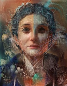 a digital painting of a woman's face surrounded by lines and shapes, with an abstract background