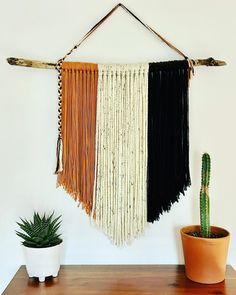 Large yarn wall hanging on driftwood. Brown, cream and black. Product dimensions are 36"L x 3.5"W x 31.5"H. Bohemian Yarn Wall Hanging, Boho Wall Hanging Diy, Easy Wall Hanging Ideas, Yarn Wall Hanging Diy, Diy Yarn Wall Hanging, Halloween Macrame, Boho Yarn, Modern Rustic Home, Yarn Hanging