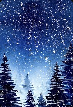 a painting of snow falling in the night sky with trees and stars all around it