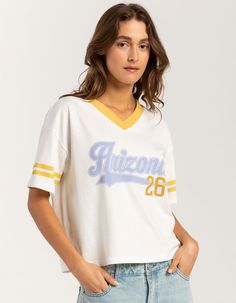 Rsq Arizona V-Neck Tee. Graphic Screened On Front, And Two Stripes On The Sleeves Give It A Sporty Edge. Features A Ribbed V-Neckline And Relaxed Fit. 100% Cotton. Machine Wash. Imported. Model Is Wearing A Size Small. Model Measurements:height: 5'8" Bust: 34"waist: 25"hips: 37.5" Flannel Sweatshirt, Graphic Trends, Kid's Fashion, Kids Graphic Tees, Open Knit Sweater, Boy Tees, Top Graphic Tees, Sweaters And Jeans, Graphic Tee Shirts