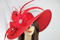 Women Red Jeweled Flower Kentucky Derby Tea Party Wide Brim Straw Hat with Birdcage Veil Feathers and Lace Band by BeyondSassyLLC on Etsy Red Brimmed Straw Hat For Kentucky Derby, Spring Red Costume Hat With Curved Brim, Elegant Red Straw Hat For The Beach, Elegant Red Straw Hat For Beach, Chic Red Hat For The Beach, Chic Red Hats For The Beach, Chic Red Hats For Beach, Chic Red Beach Hat, Red Brimmed Straw Hat For Spring