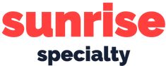 the words sunrise specialty are in red and blue letters on a white background with black lettering