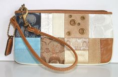 © MMMI COACH 100% Authentic Guaranteed  NEW WITHOUT TAGS Coach "PATCHWORK"BLUES, BROWNS, WHITES LEATHER & SUEDE SIGNATURE  PRINTSMETALLICSWRISTLET Classy wristlet for any occasion!  FEATURES: * Measures 7" (L) x 4.25" (H) *Brass hardware *Top Zip closure *Brown leather trim *Approx. 14" leather wrist strap with detachable trigger snap clasp on one end to attach to other bags or belt loop for hands free carring *Mixed fabrics including metallic, leathers, suedes, and signature prints exterior *So Coach Rectangular Wristlet As Gift, Coach Rectangular Wristlet, Coach Rectangular Wristlet For Gift, Rectangular Coach Wristlet As Gift, Coach Rectangular Leather Wristlet, Coach Leather Rectangular Wristlet, Chloe Bags Handbags, Small Clutch, Signature Print