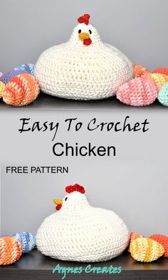 two crocheted chickens sitting on top of each other with the words easy to crochet chicken free pattern