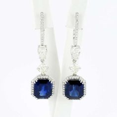 For Sale on 1stDibs - Elegant pair of ear hanger in white gold 750. Beautifully set in four double prongs with two blue sapphires totaling 12.50 ct. Further set with two pear High Jewellery Earrings, Luxury White Gold Sapphire Diamond Earrings, Formal White Gold Sapphire Diamond Earrings, Elegant Blue Platinum Earrings, Luxury White Gold Sapphire Earrings, Formal Sapphire Diamond Earrings With Prong Setting, Elegant Sapphire Earrings With Diamond Cut, Elegant Sapphire Diamond Earrings, Elegant Asscher Cut Diamond Earrings For Formal Events