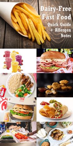 a collage of fast food photos including french fries, burgers and other foods