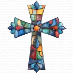 a cross made out of stained glass with colorful designs on it's sides and the center