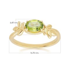 About This Item Unique and charming Peridot O Leaf inspired ring in 9ct yellow gold. Gemstone Information Peridot is a zesty gem with a vibrant green colour palette that can range from olive hues to darker bottle green shades. As a birthstone, peridot symbolism those born in August and is traditionally given as a 16th anniversary gift. Jewellery Collection The Gemondo O Leaf Collection celebrates the universal symbol of peace and tranquillity, the olive branch. Express yourself and spread the love with this stunning nature-inspired jewellery collection. Product Code 135R2092019 Material 9ct Yellow Gold Gemstone Details 1 x Peridot - 0.86ct - Oval- 7x5mm  Gemstone Origin Peridot - China 16th Anniversary Gifts, 16th Anniversary, August Born, Zodiac Stones, Green Shades, Green Colour Palette, Nature Inspired Jewelry