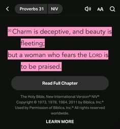 the bible app is shown with pink text and black background, which reads provers 31 niv