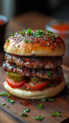 a hamburger sitting on top of a wooden cutting board