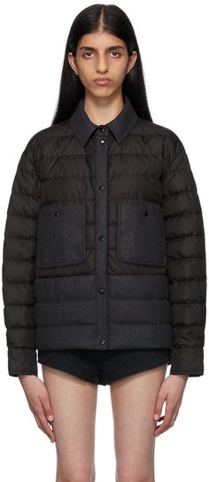 Down-filled quilted polyester satin and felted wool-blend jacket. · Paneled construction · Spread collar · Press-stud closure · Patch pockets · Felted logo patch at sleeve · Press-stud fastening at cuffs · Nylon satin lining Supplier color: Black Fill: 90% goose down, 10% feathers. | Moncler Black Quilted Down Jacket Parka Jackets, Outer Wear, Wool Blend Jacket, Jacket Parka, Black Quilt, Felted Wool, Polyester Satin, Parka Jacket, Online Shopping Clothes