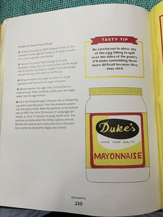 an open book with instructions on how to make mayonnaise for dinner or dessert