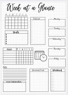 the week at a glance calendar is shown in this black and white printable planner