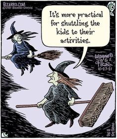 a cartoon depicting two witches flying in the air and one witch holding a broom, while another