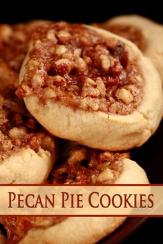 pecan pie cookies stacked on top of each other with the words pecan pie cookies above them