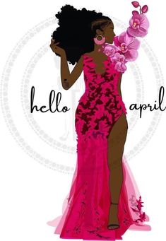 a woman in a pink dress with flowers on her head and the words hello, april