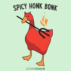 a red bird with a stick in its mouth and the words spicy honk bonk on