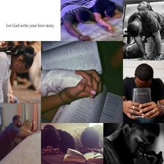 a collage of photos with people reading and writing