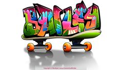 a skateboard with the word graffiti painted on it's back end and wheels