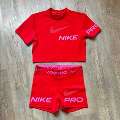 Never Worn Both Size Medium Nike Pro Shorts And Bra Set, Cheer Shorts Outfits, Red Fitted Activewear With Built-in Shorts, Red Nike Activewear For Gym, Red Sporty Compression Shorts, Red Compression Sporty Shorts, Red Moisture-wicking Fitted Shorts, Fitted Red Gym Shorts, Sporty Fitted Short Sets