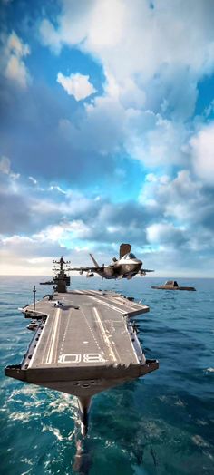 an aircraft is taking off from the flight deck of a ship in the middle of the ocean