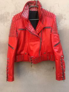 Crafted Leather Men Classy Red Gothic Emo Style Leather Studded Jacket with Silver Studs and Spikes on Storenvy Red Gothic, Emo Style, Studs And Spikes, Studded Leather Jacket, Gothic Emo, Studded Jacket, Emo Fashion, Urban Street, Street Wear Urban