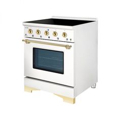 a white stove with gold trim and knobs on the oven door is shown in front of a white background