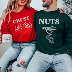 Chest Nuts Couples Matching Sweatshirts Goth Christmas Humor - Etsy Xmas Couple, Christmas Pregnancy Announcement, Matching Christmas Shirts, Santa Sweatshirt, Couples Sweatshirts, Matching Couple Shirts, Funny Holiday, Matching Sweatshirts, Christmas Funny