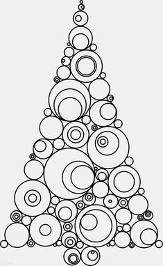 a black and white christmas tree with ornaments on it's top, in the shape of a circle