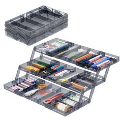 two clear shelves with different types of pens and pencils