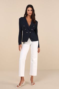 Throw on the Lulus Major Poise Navy Blue Twill Double-Breasted Blazer for a look that will have everyone paying attention! Medium-weight stretch-woven twill shapes this stylish blazer that has a collared neckline with peaked lapels and a double-breasted design with six gold embossed buttons at the front, plus a hidden internal button to secure the silhouette, alongside twin functional welt pockets. Long sleeves with lightly padded shoulders (and matching decorative buttons) frame the bodice, whi Button Frames, Stylish Blazer, Double Breasted Blazer, Blazer Outfits, Welt Pocket, Double Breasted, Bodice, Navy Blue, Navy