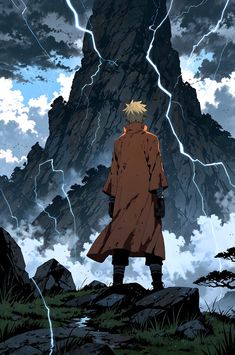 a man standing on top of a rocky hill under a cloudy sky with lightning behind him