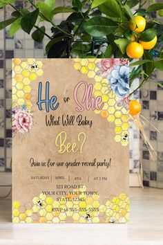 a bee themed baby shower is shown with flowers