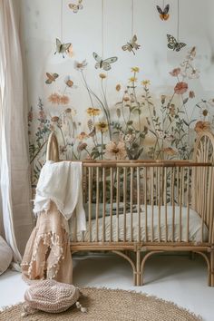 a baby crib with flowers and butterflies on the wall