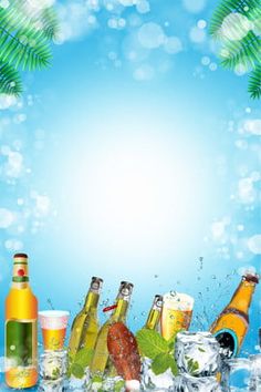 bottles of beer and ice on a blue background with palm trees in the foreground