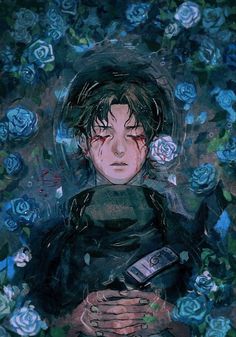 a painting of a person holding a cell phone in front of blue flowers and roses