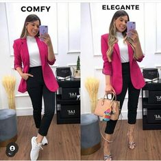 Pink Blazer Outfit Classy Work, Blazer Outfits Pink, Casual Pink Blazer Outfits, Pink Blazer Outfits For Women Work, Pink Blazer Outfits Casual, Look Blazer Rosa Pink, Outfits With Pink Blazer, Look Com Blazer Pink, Pink Work Outfit Office Style