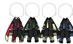 four different colored clothes are lined up in the same row and one is wearing a black jacket