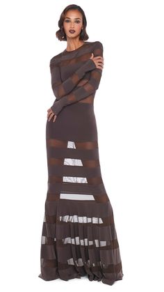 SPLICED DRESS FISHTAIL GOWN – Chocolate/Chocolate Mesh – Norma Kamali Dress Fishtail, Fishtail Gown, Elephant Pants, Chocolate Chocolate, Fringe Top, Norma Kamali, Jogging Pants, Pencil Pants, Side Stripe