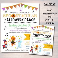 two halloween dance flyers with the words spooktacularr and an orange pumpkin