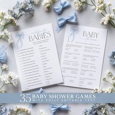 two baby shower games with blue bows on them and white flowers in the background that says, 35 baby shower games