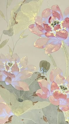 an artistic painting of pink flowers and leaves