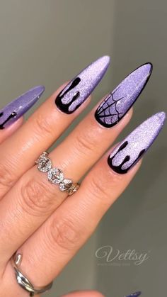 👻🎃Halloween 2023 Nail Inspiration-Purple spooky vibe💀 Will you try it for Halloween? 🕷️Flowery Cat Eye Gel-FC03 🕷️Solid Gel-14 Night… | Instagram Pastel Purple And Black Nails, Dark Colour Nail Art, Goth Acrylic Nail Designs, Pastel Goth Nails, Duo Ideas, Concert Nails, Fall Acrylic, 2023 Nail