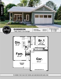 the floor plan for a two story house with an attached garage and covered porch,