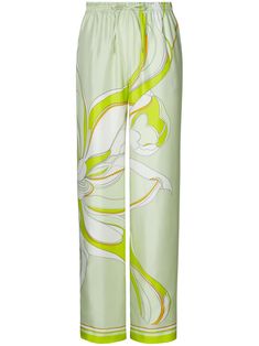 lime green silk satin finish floral motif slip-on style elasticated drawstring waistband slip pockets to the sides Pants Green, Yoko London, City Dress, Silk Pants, Summer Beach Wear, Silk Twill, Printed Silk, Green Silk, Ski Wear